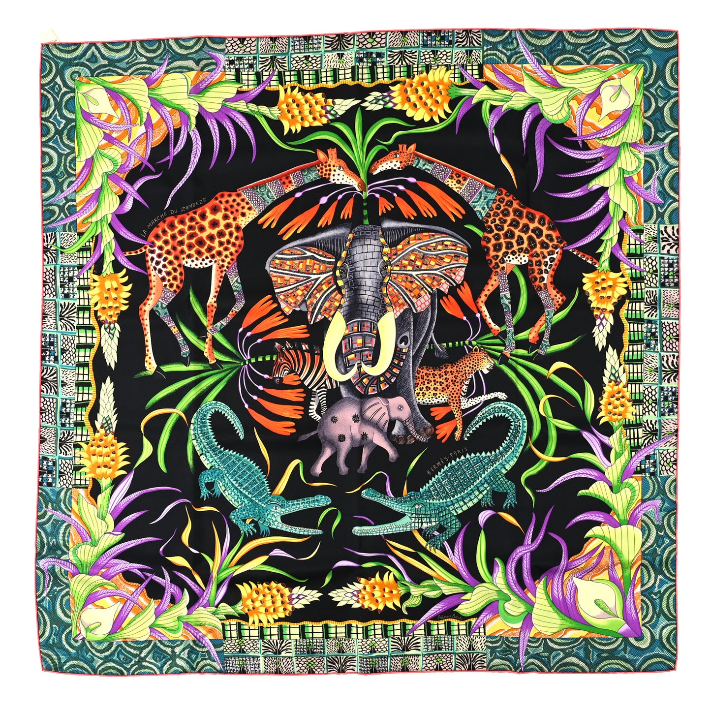 Silk La Marche Du Zambeze Scarf 90 Black Vert Orange