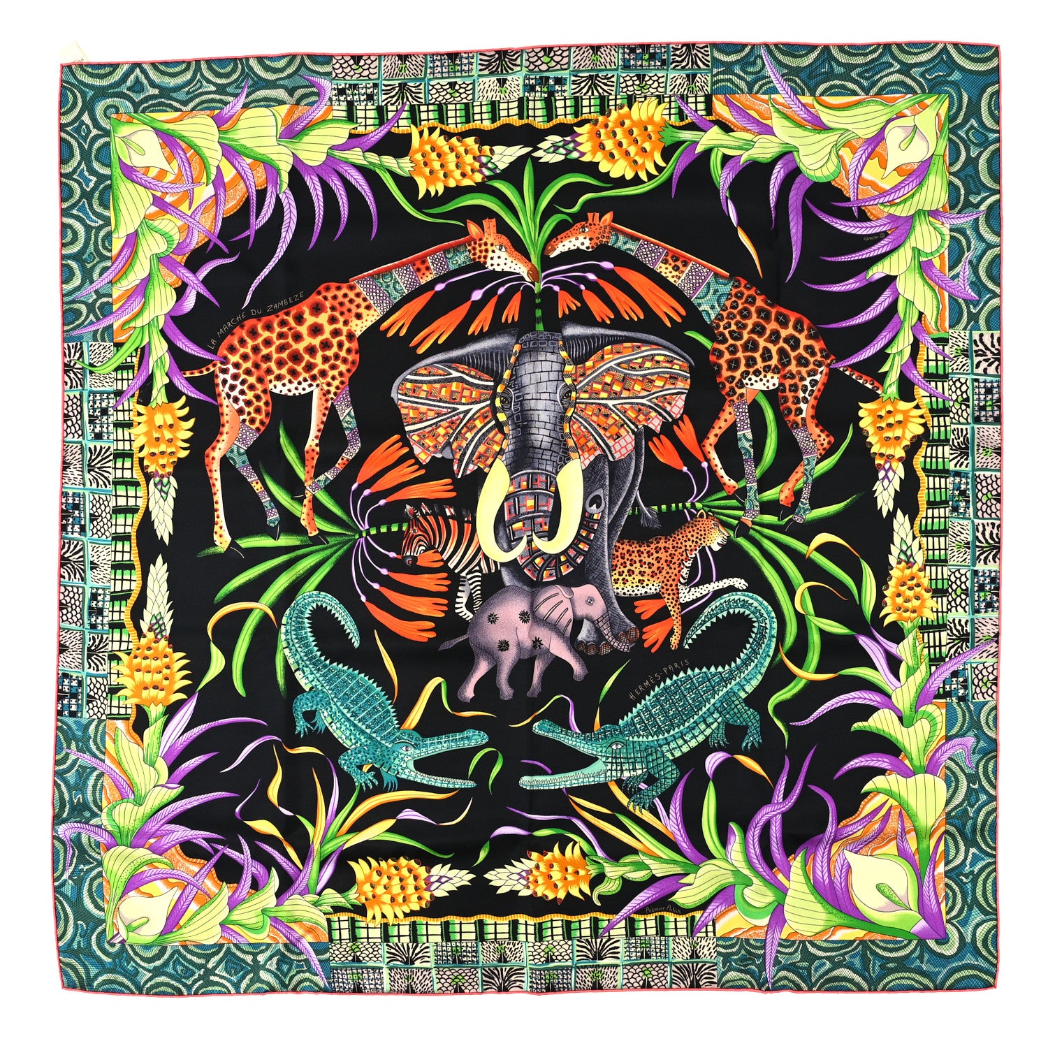 Hermes Silk La Marche Du Zambeze Scarf 90 Black Vert Orange 1 of 4