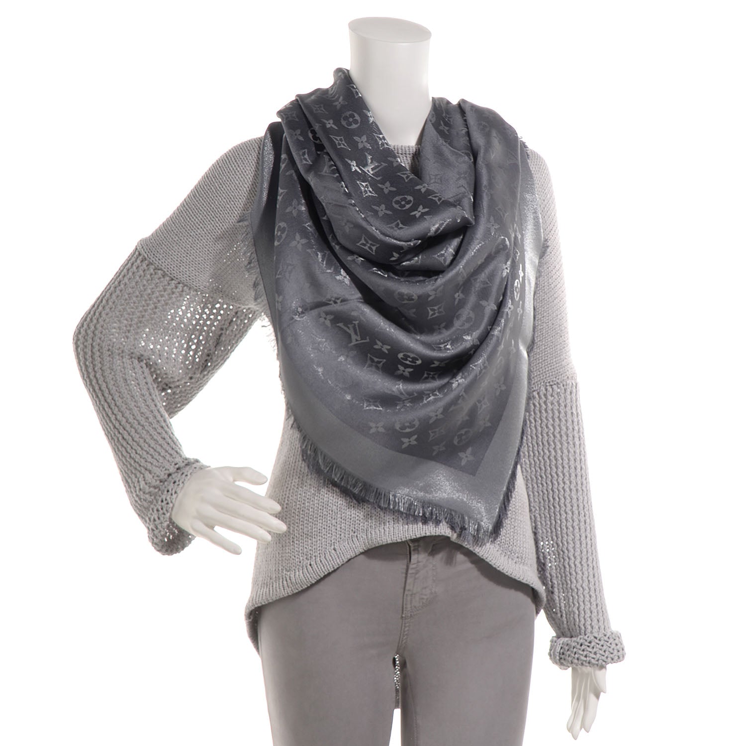 Louis Vuitton Monogram Silk Wool Shine Shawl Anthracite 2 of 5