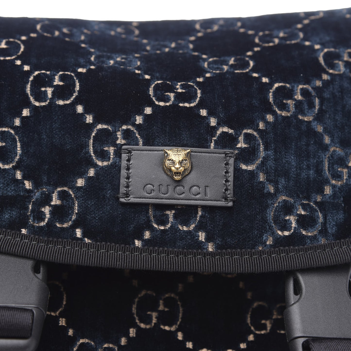 Velvet GG Monogram Web Medium Double Buckle Backpack Blue Beige Black