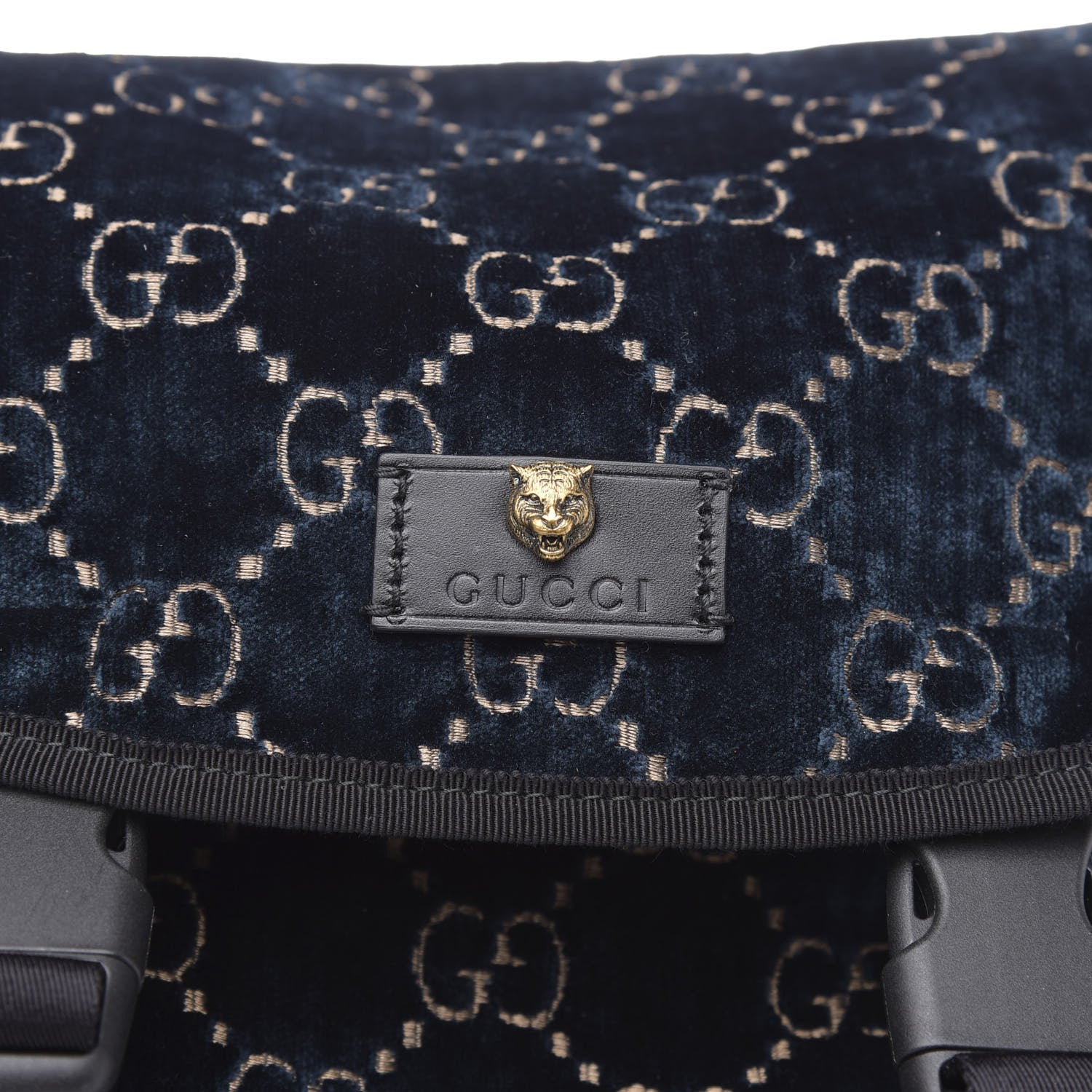 Gucci Velvet GG Monogram Web Medium Double Buckle Backpack Blue Beige Black 9 of 11