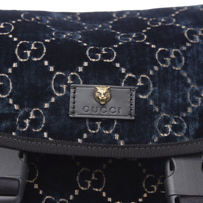Gucci Velvet GG Monogram Web Medium Double Buckle Backpack Blue Beige Black 9 of 11