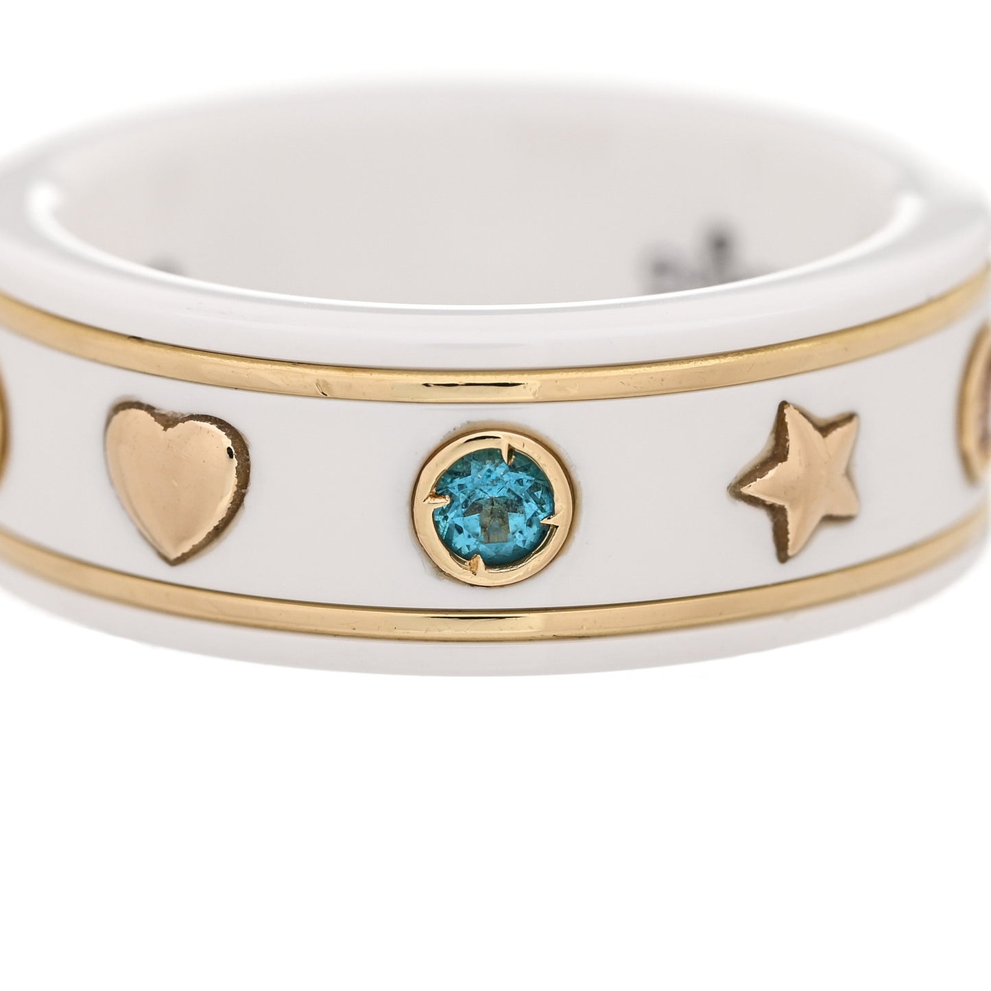 18K Yellow Gold Ceramic Topaz Icon Band Ring 50 5.25 White