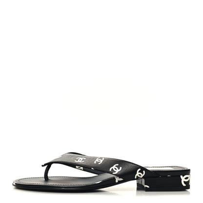 Chanel Lambskin Printed CC Thong Sandals 38 Black White 1 of 8