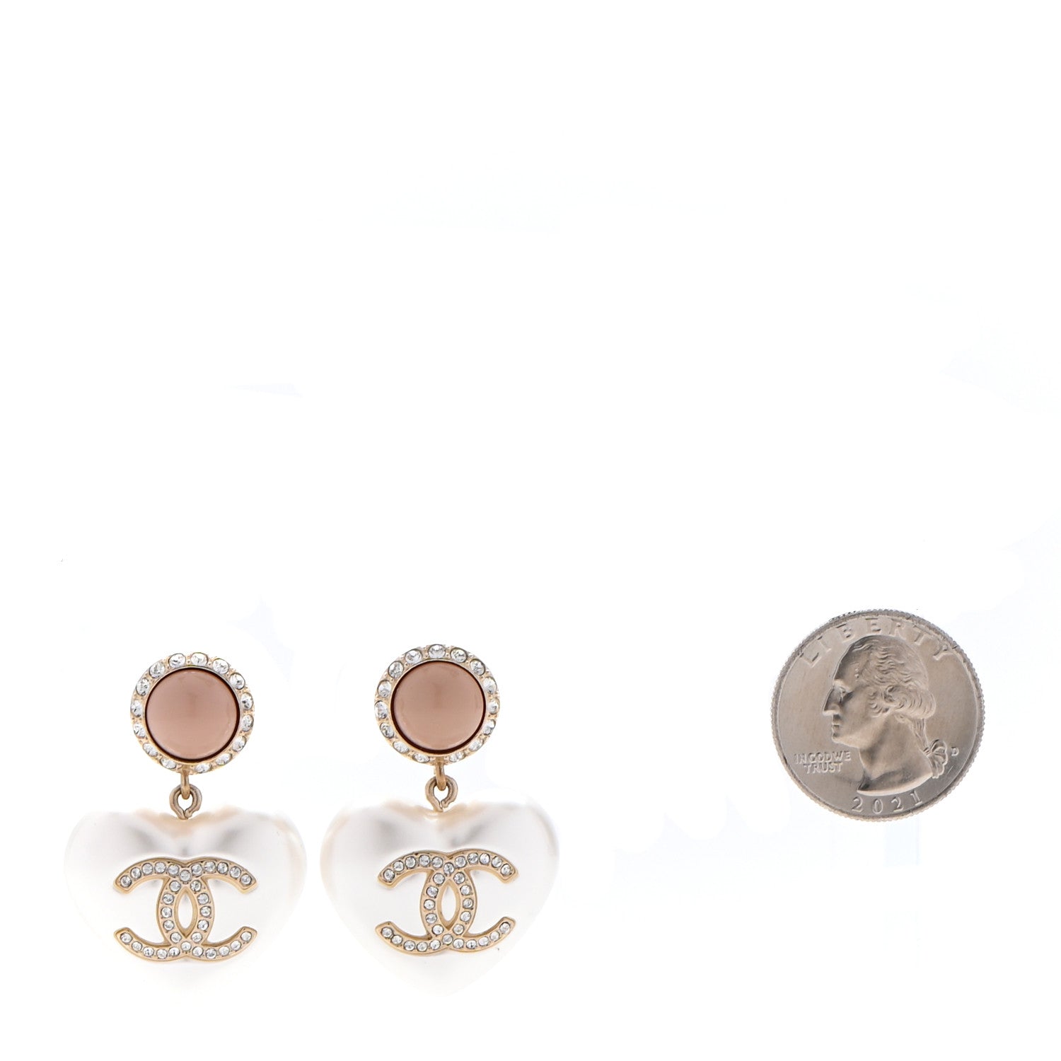 Chanel Pearl Resin Crystal CC Heart Drop Earrings Pink Gold 2 of 4
