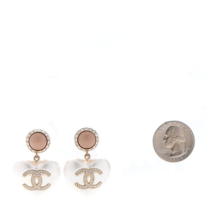 Chanel Pearl Resin Crystal CC Heart Drop Earrings Pink Gold 2 of 4