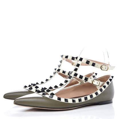 Valentino Garavani Nappa Rockstud Cage Ballerina Flats 36.5 Army Green Light Ivory 3 of 10