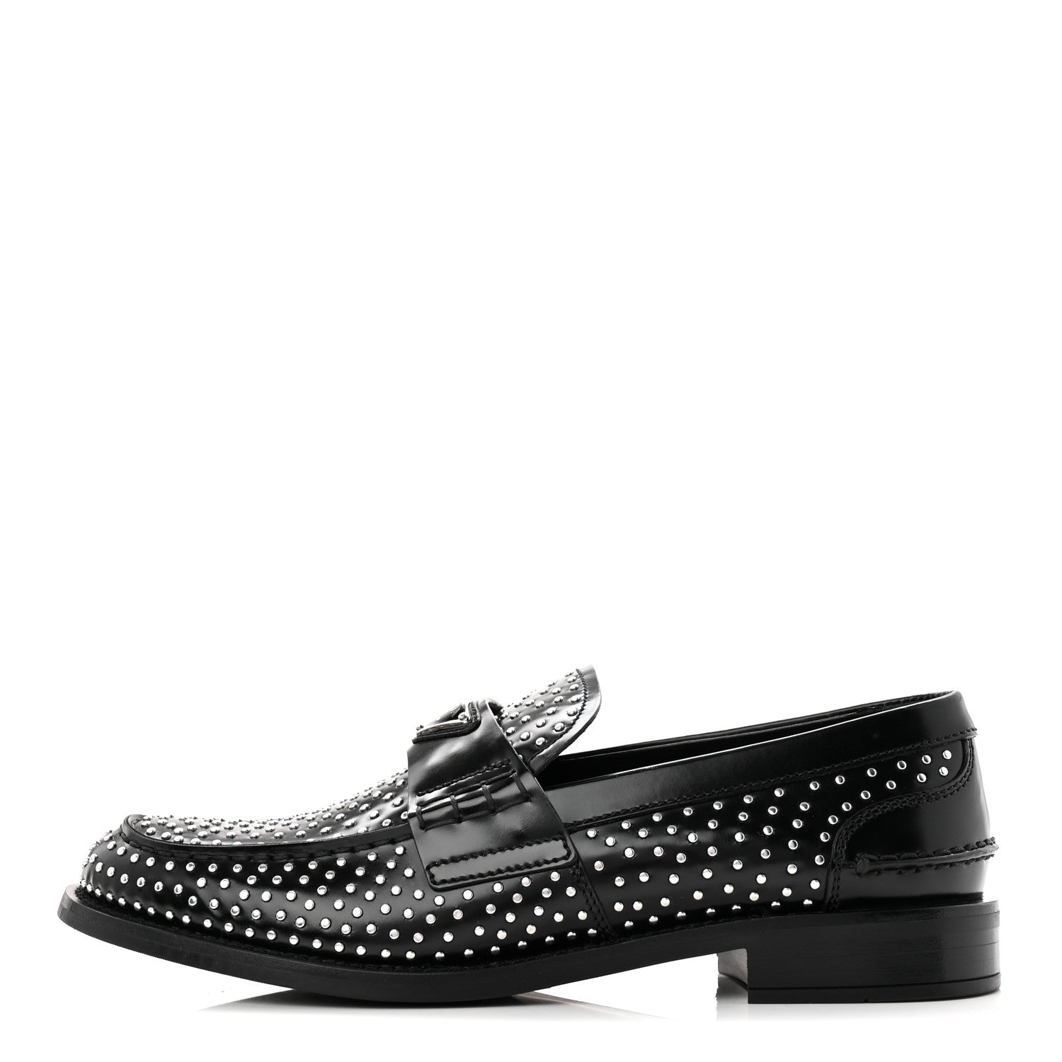 Prada Spazzolato Studded Metal Triangle Logo 20mm Loafers 39 Black 1 of 10