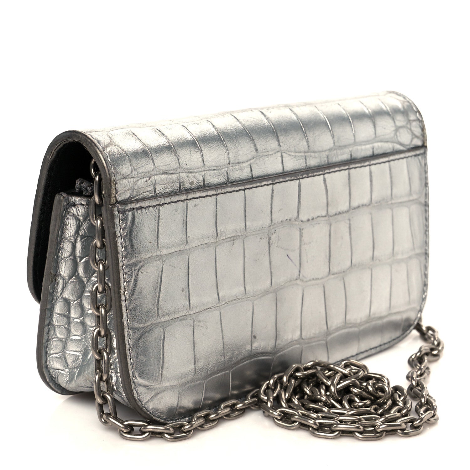Balenciaga Metallic Extra Supple Calfskin Crocodile Embossed Gossip Wallet On Chain Silver 3 of 10