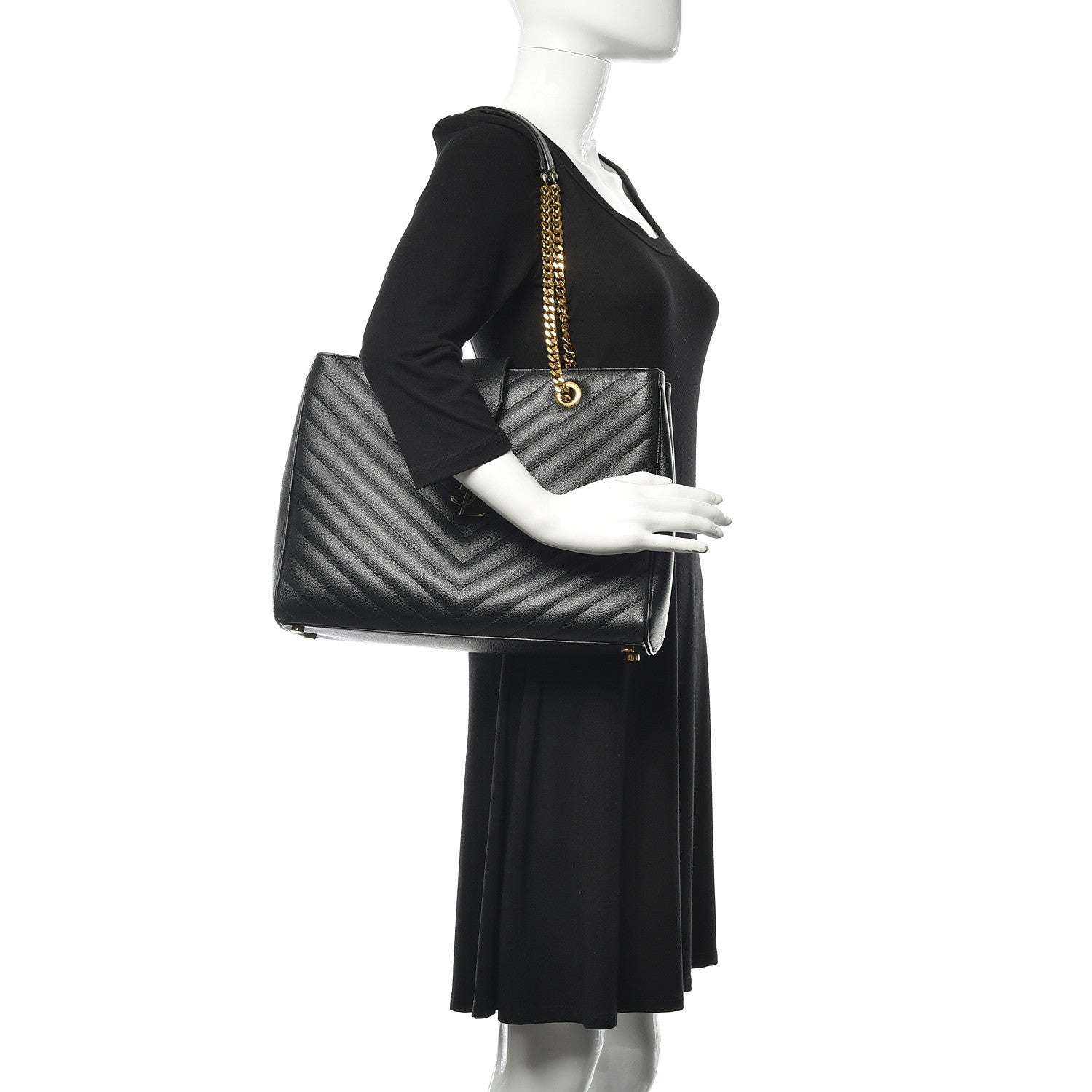 Saint Laurent Grain De Poudre Matelasse Chevron Monogram Shopping Bag Black 2 of 18