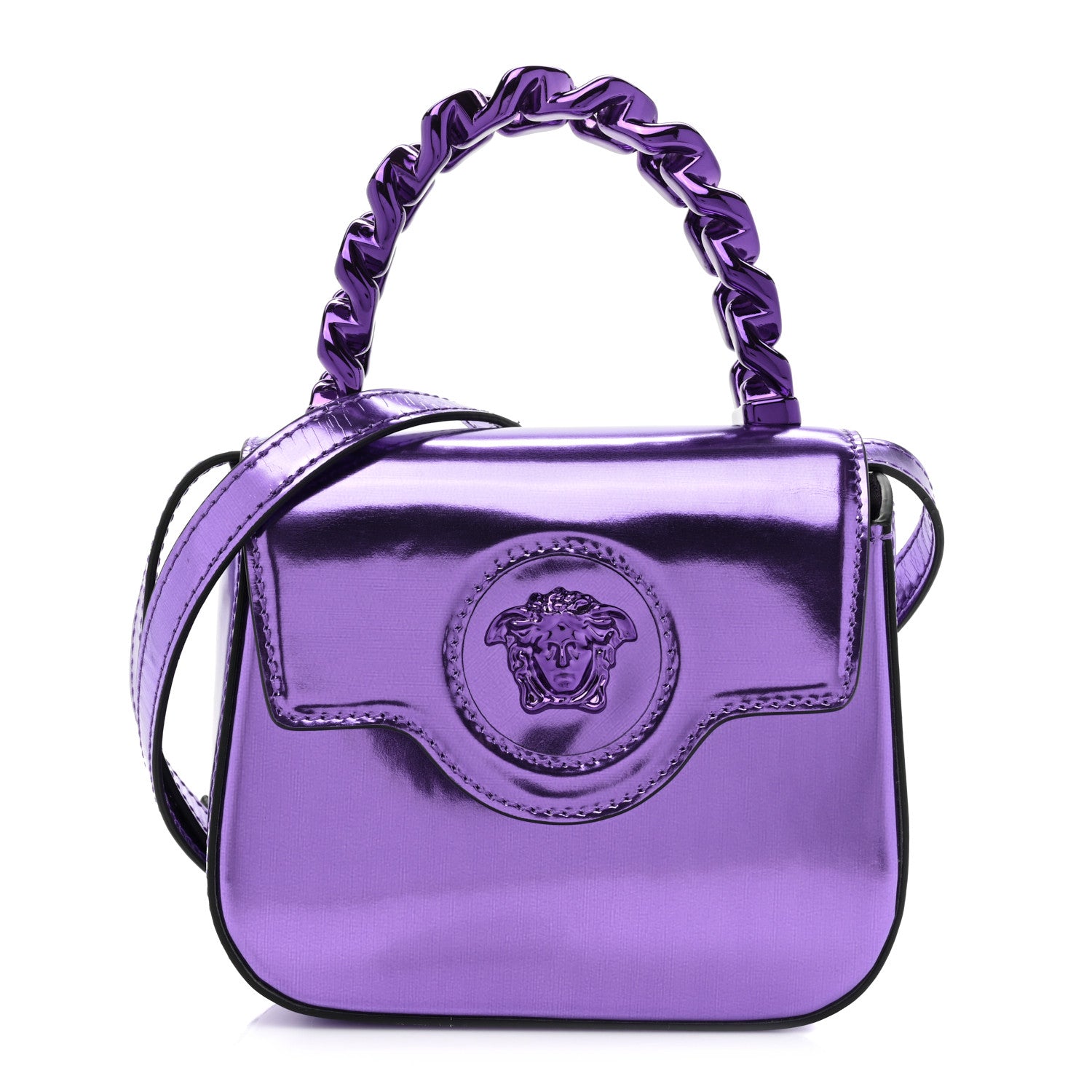Versace Metallic Patent Calfskin Mini La Medusa Chain Top Handle Bag Dark Orchid 1 of 8