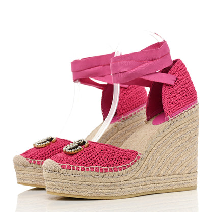 Gucci Cotton Crochet Pearly GG Ankle Wrap Platform Espadrille Wedges 37 Cyclamen Rose 3 of 9