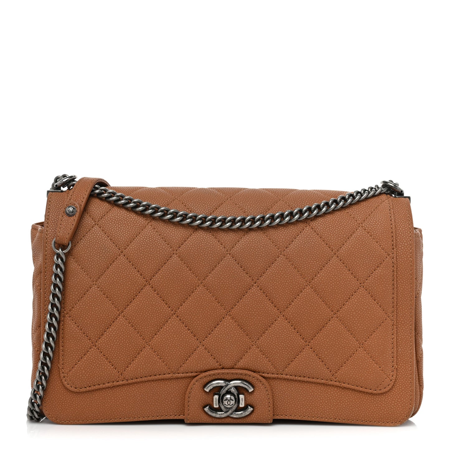 Washed Caviar Quilted Large Turn Around Ligne Flap Camel
