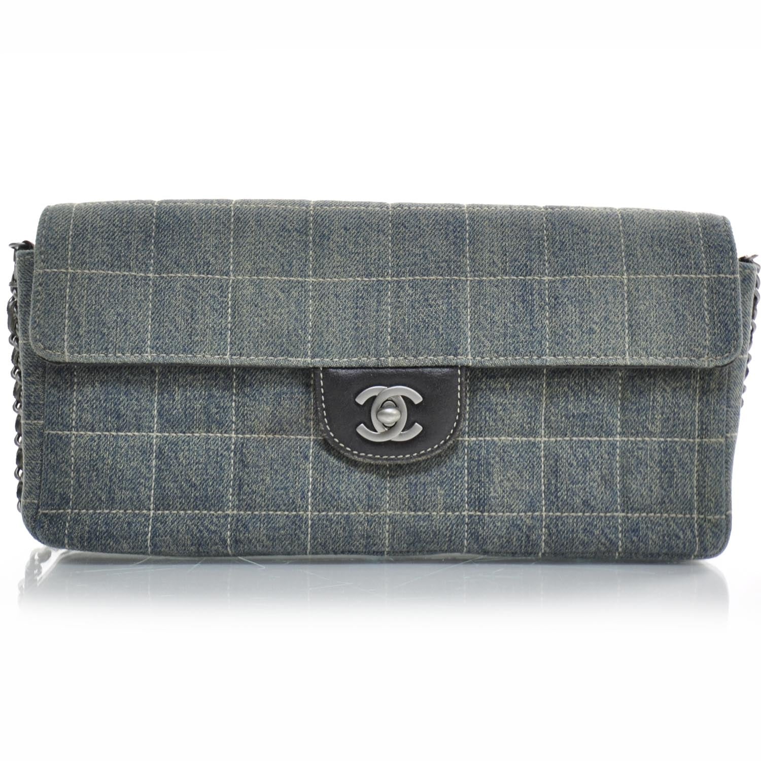 Chanel Denim Chocolate Bar Quilted East West Flap 1 of 10