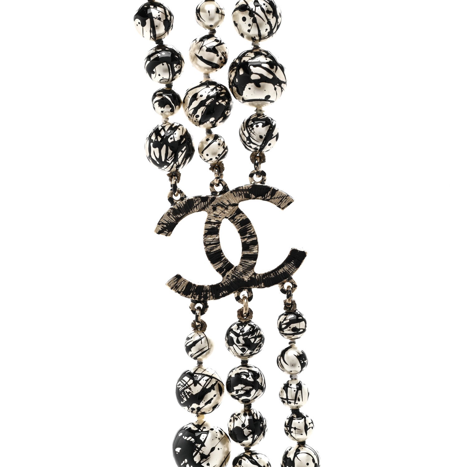 Chanel Pearl CC Graffiti 3 Strand Long Necklace Black Gold 4 of 5