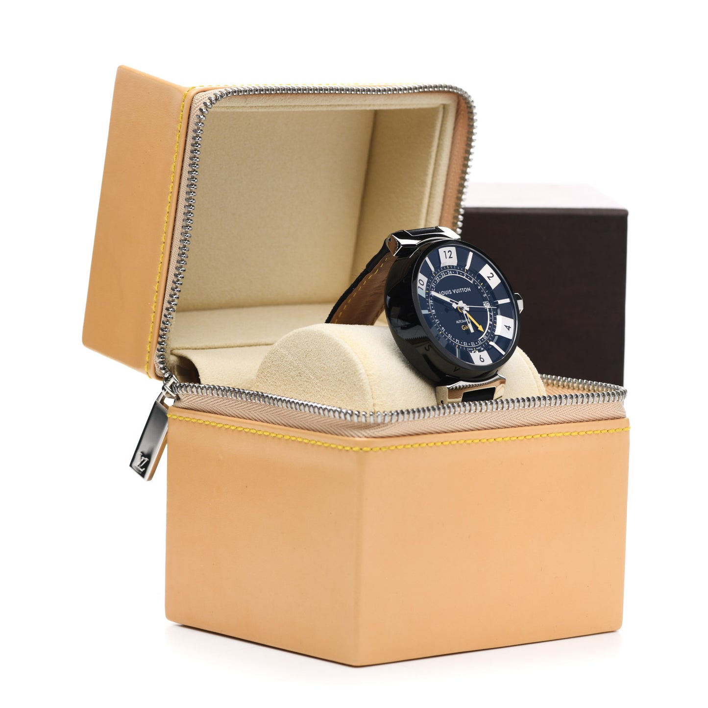 Stainless Steel Calfskin 41mm Tambour GMT Automatic Watch Black