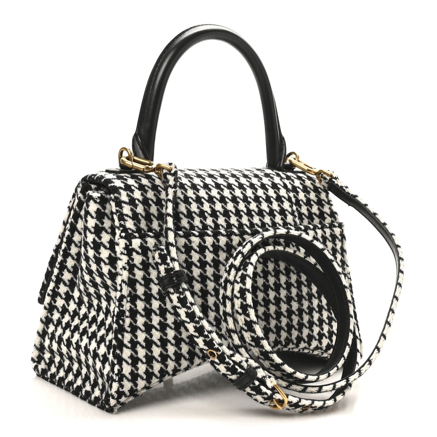 Wool Houndstooth Small Hourglass Top Handle Bag Black White