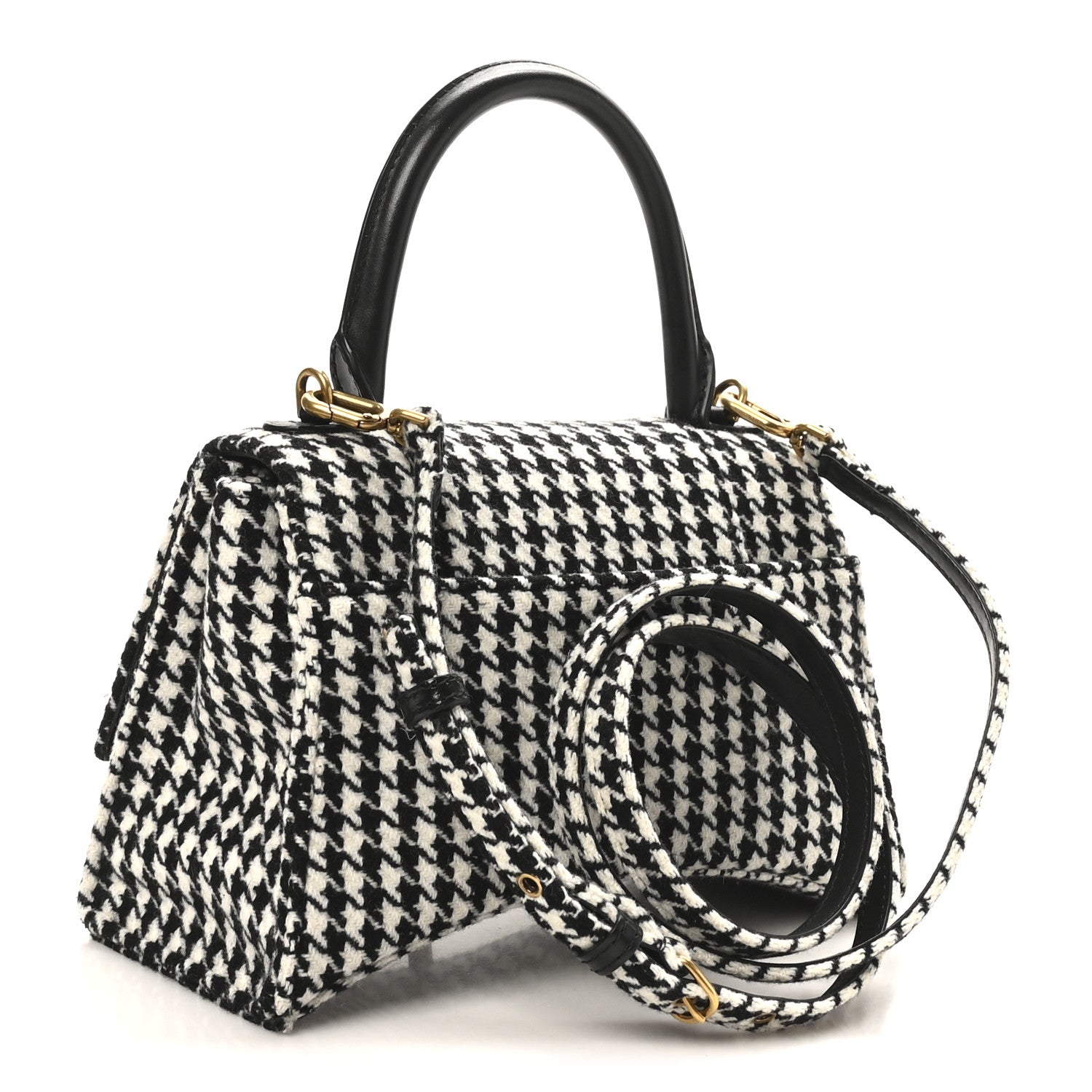 Balenciaga Wool Houndstooth Small Hourglass Top Handle Bag Black White 3 of 9