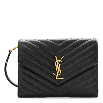 Saint Laurent Grain De Poudre Matelasse Chevron Monogram Envelope Clutch Black 1 of 9