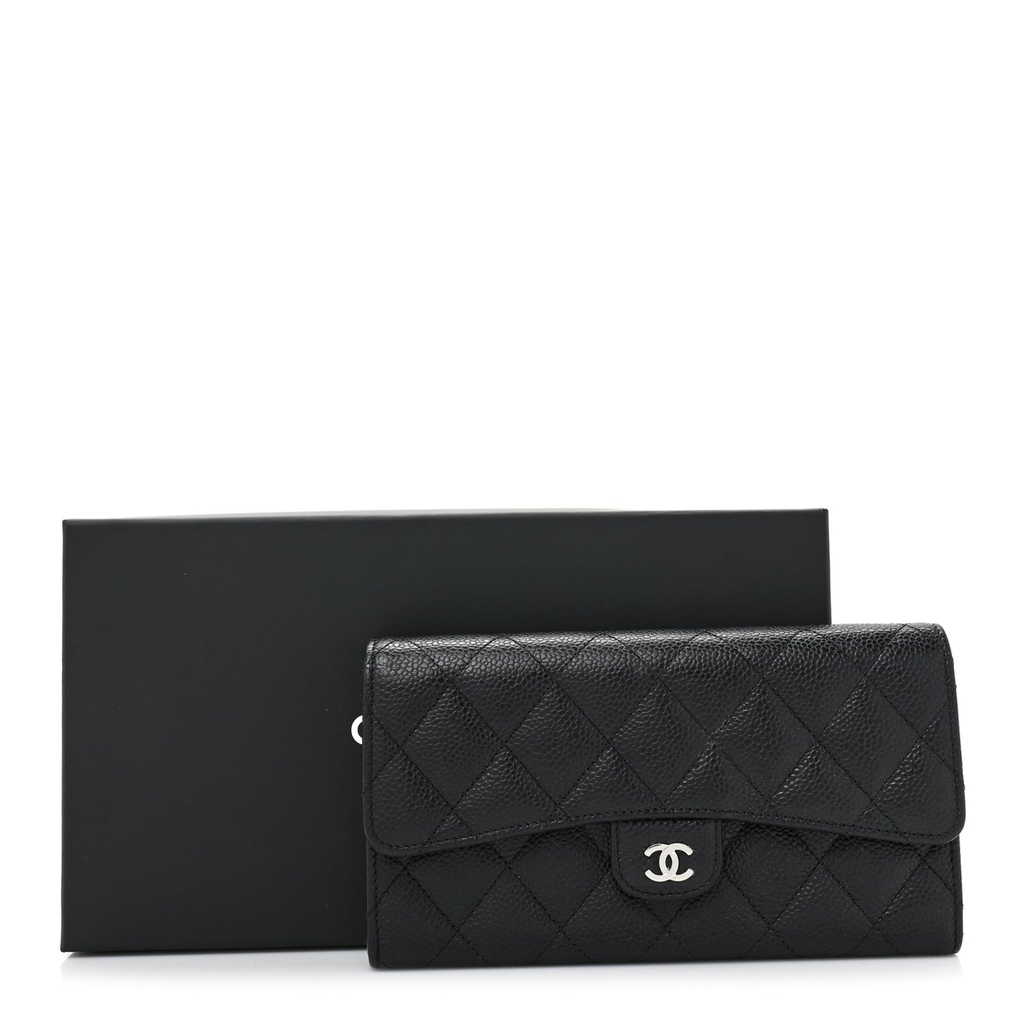 Caviar Quilted Large Gusset Flap Wallet Black