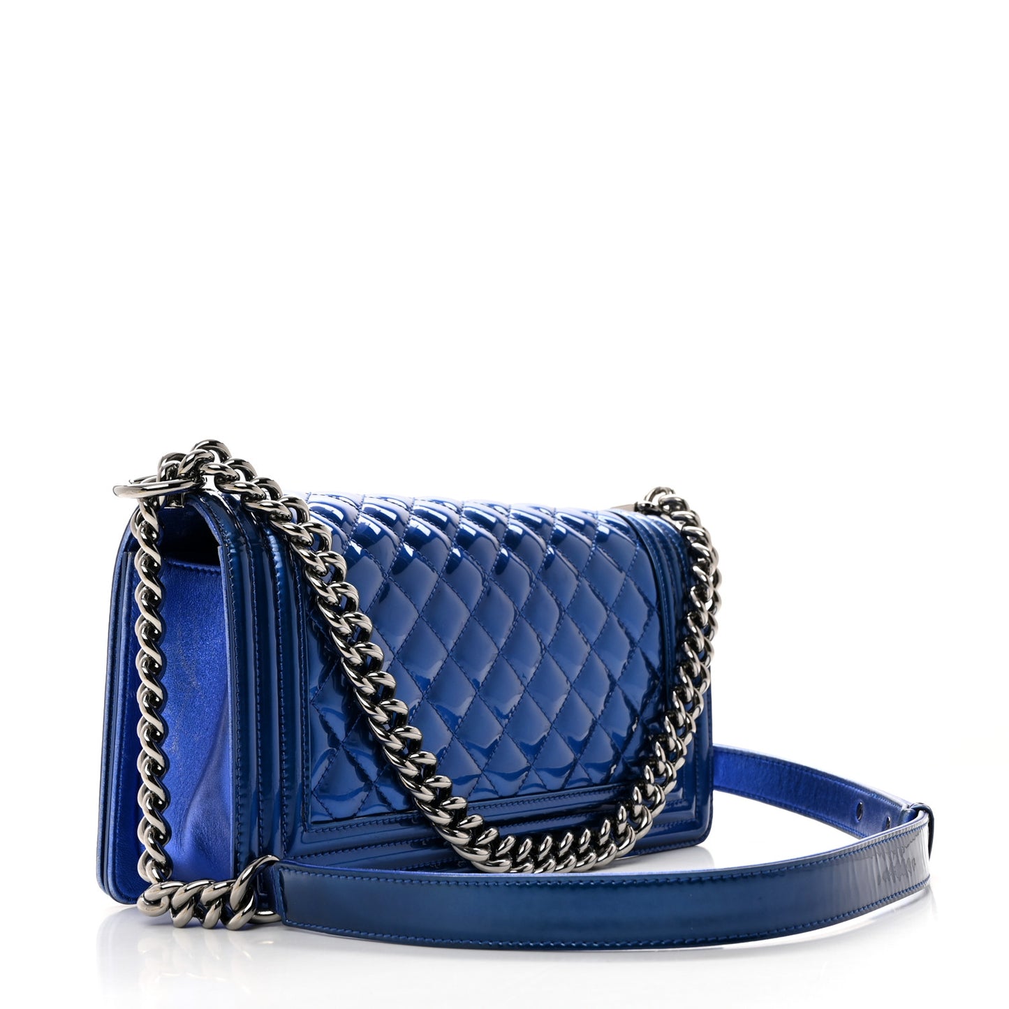 Metallic Patent Quilted Medium Boy Flap Blue