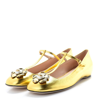 Gucci Metallic Nappa Lexi T Strap Ballerina Flats 37 Gold 3 of 8