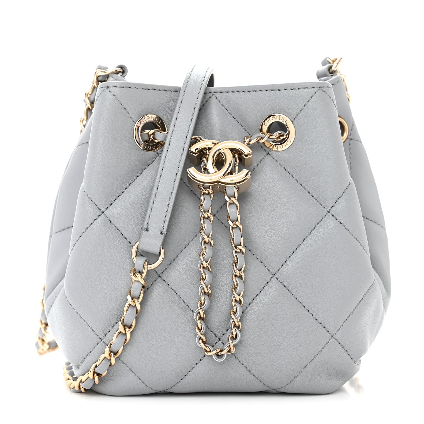 Lambskin Quilted CC Dweller Drawstring Bucket Bag Light Grey