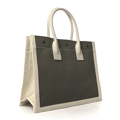 Saint Laurent Linen Calfskin Small Rive Gauche Tote Military Green Blanc Vintage 3 of 10