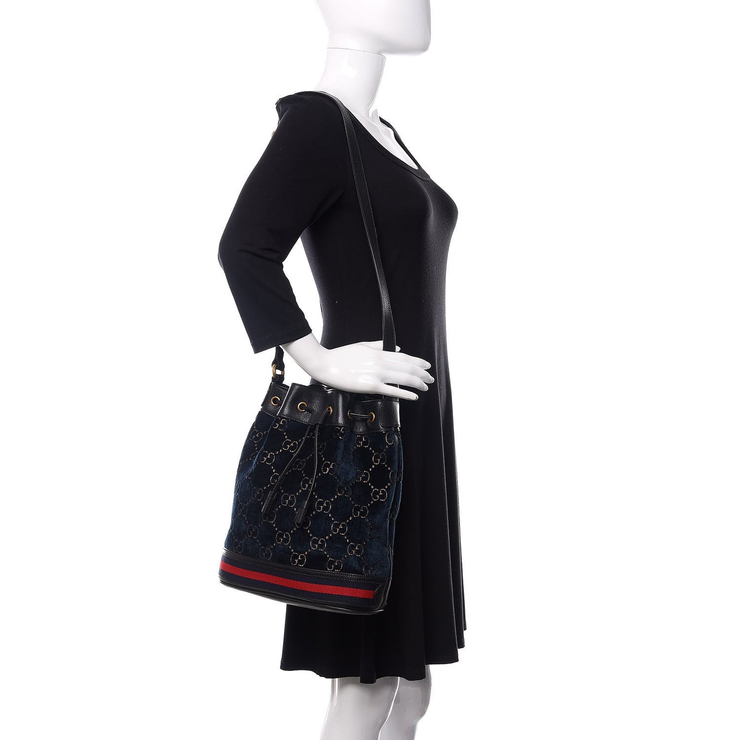 Velvet GG Monogram Web Bucket Bag Blue Beige