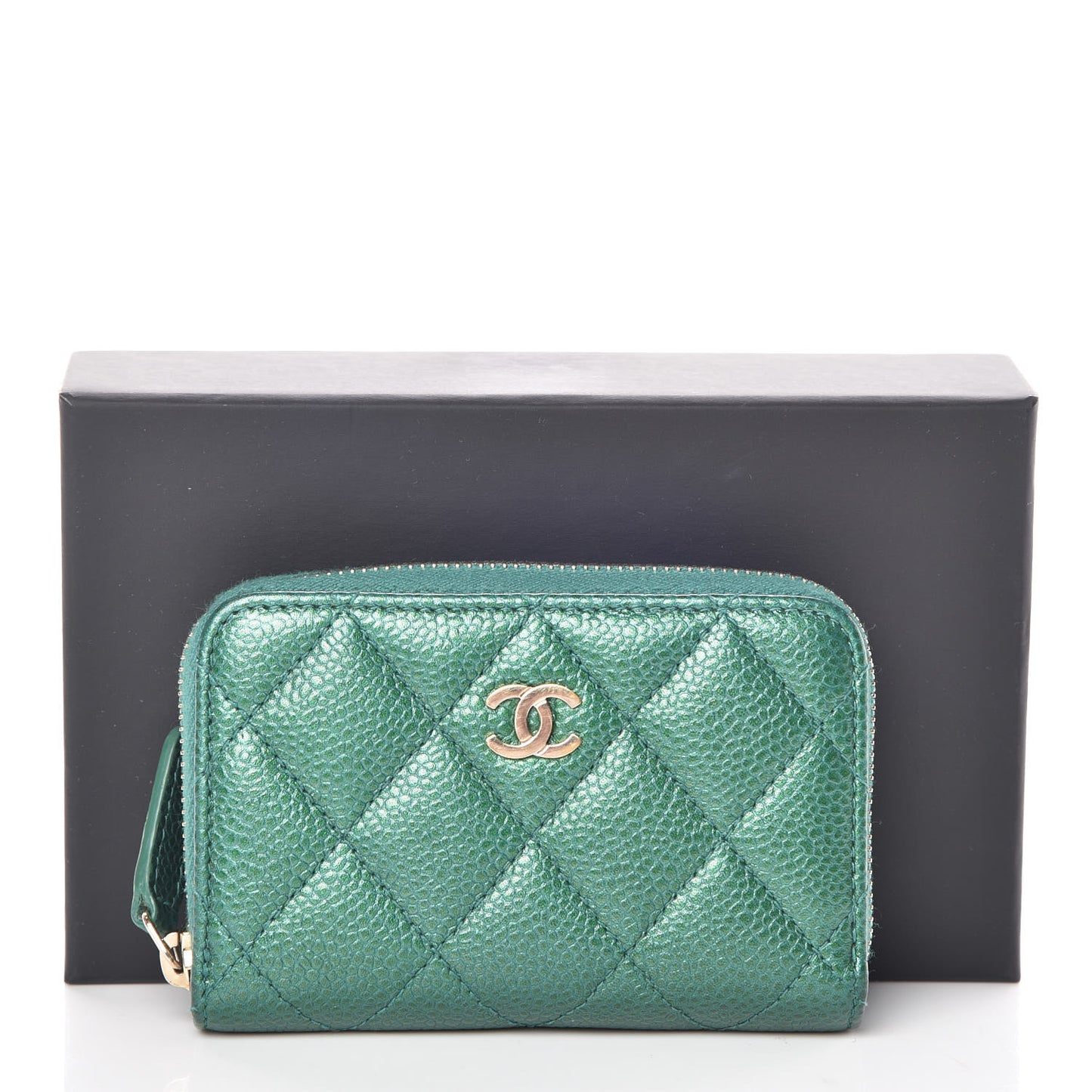 Metallic Caviar Quilted Zip Coin Purse Green
