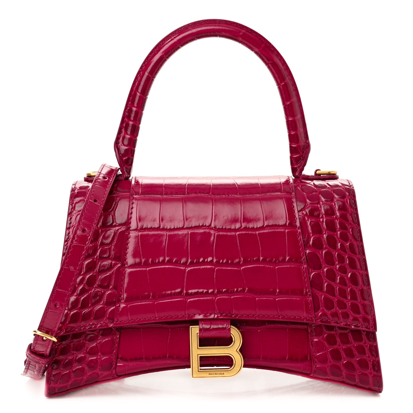 Shiny Calfskin Crocodile Embossed Small Hourglass Top Handle Bag Raspberry