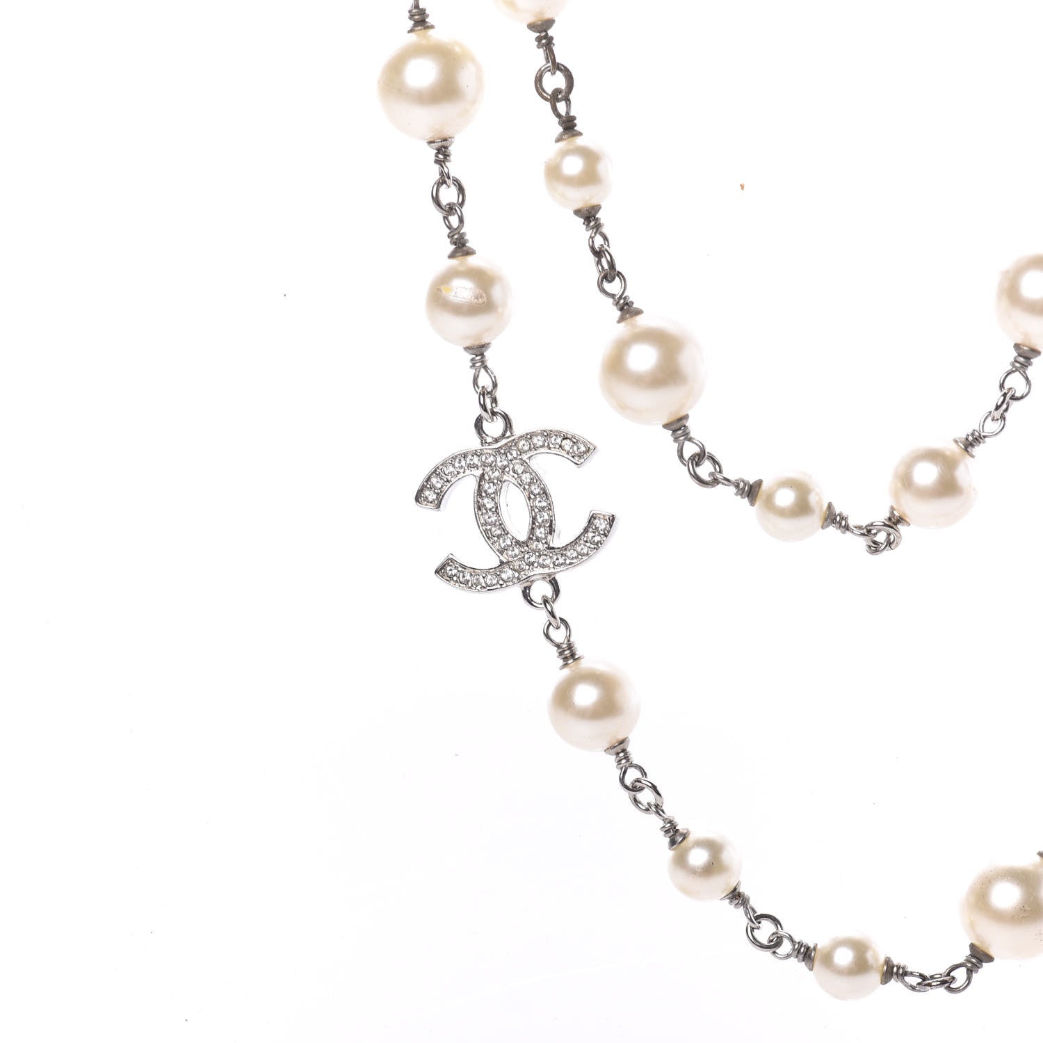 Chanel Crystal Pearl CC Long Necklace Silver 4 of 6