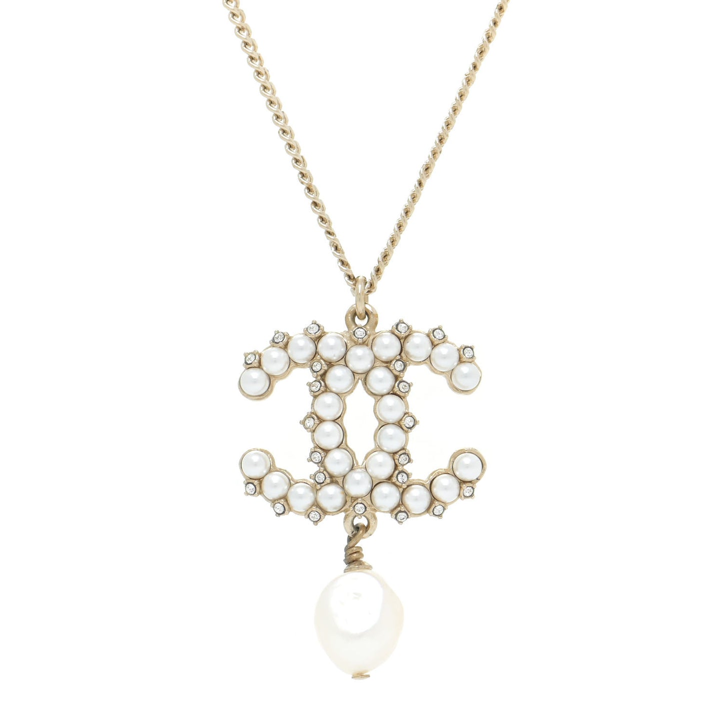 Crystal Pearl CC Drop Necklace Gold