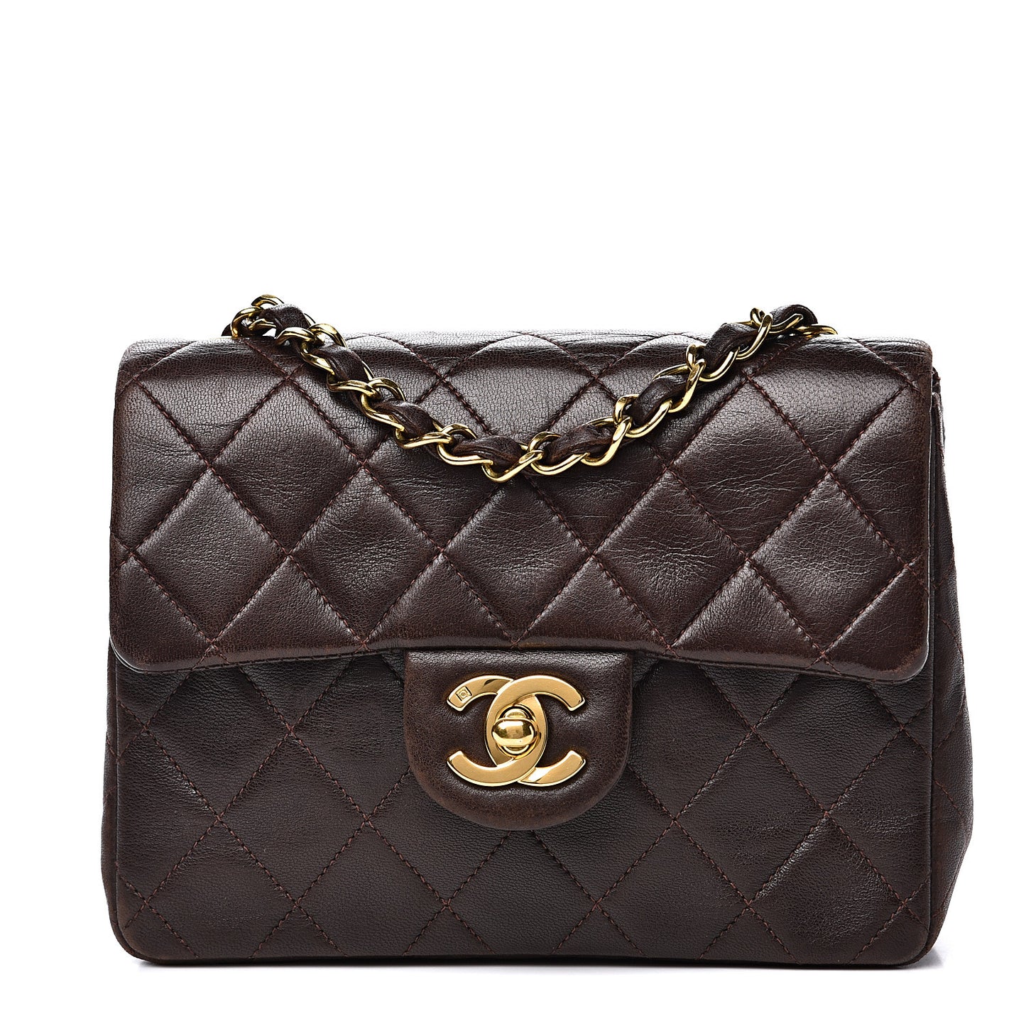 Lambskin Quilted Mini Square Flap Brown