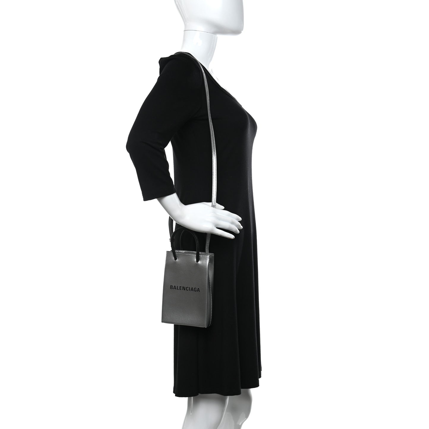 Metallic Textured Calfskin Logo Shopping Phone Holder Bag Silver