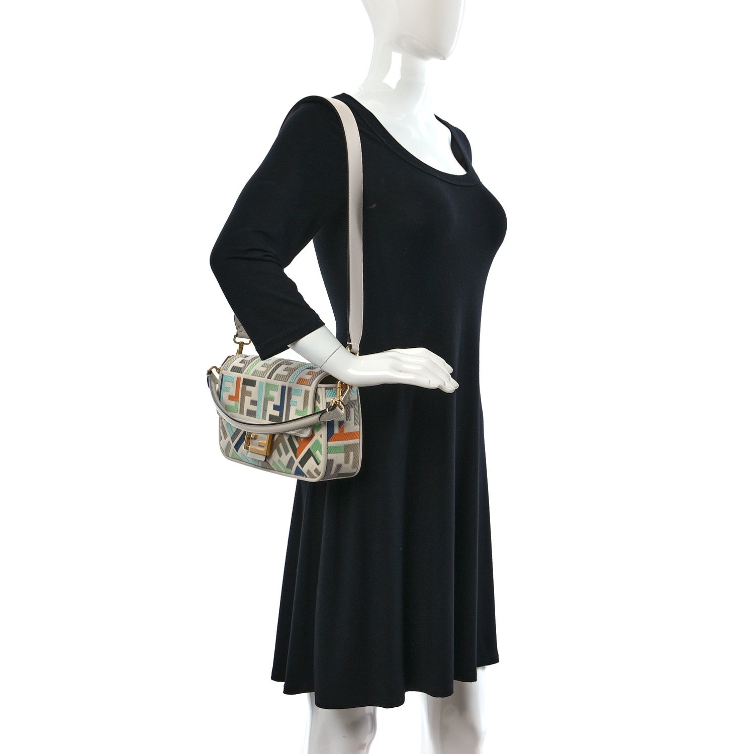 Fendi Canvas Vitello Seta FF Multicolor Embroidered Baguette Grezzo Multicolor Latte 2 of 8