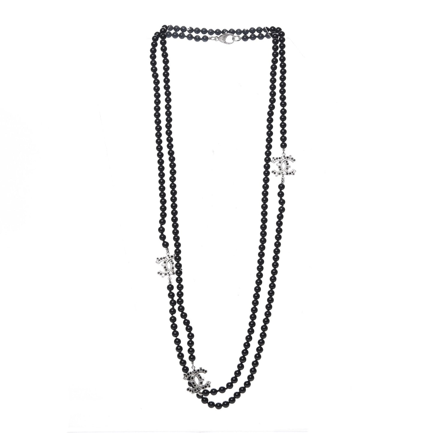 Baguette Crystal Beaded CC Long Necklace Black Silver