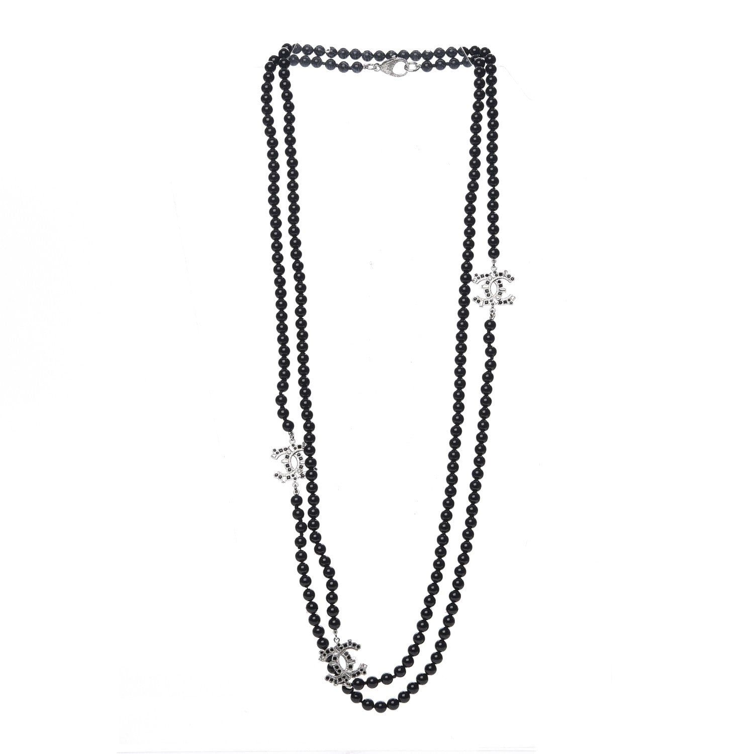 Chanel Baguette Crystal Beaded CC Long Necklace Black Silver 3 of 10