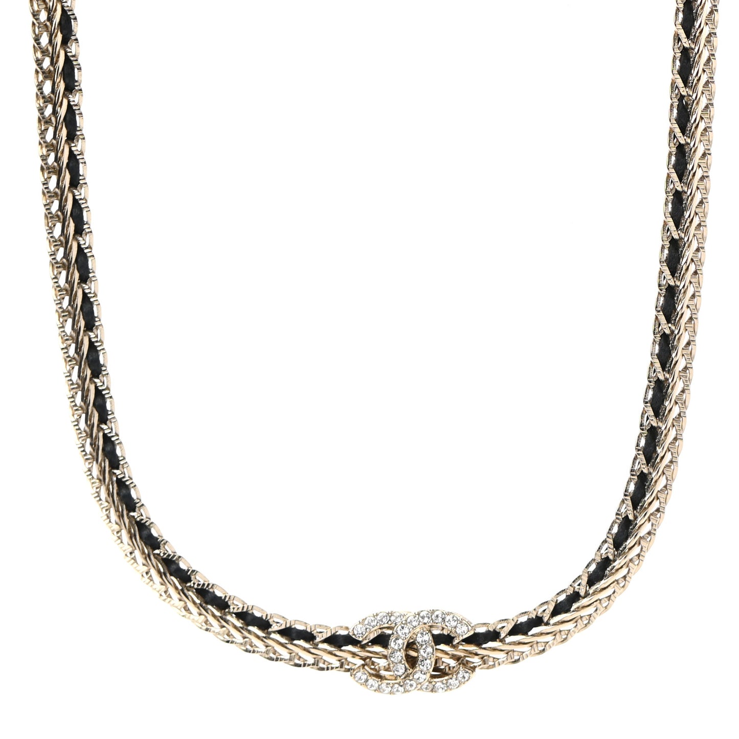 Metal Lambskin Crystal Chain CC Necklace Black Gold