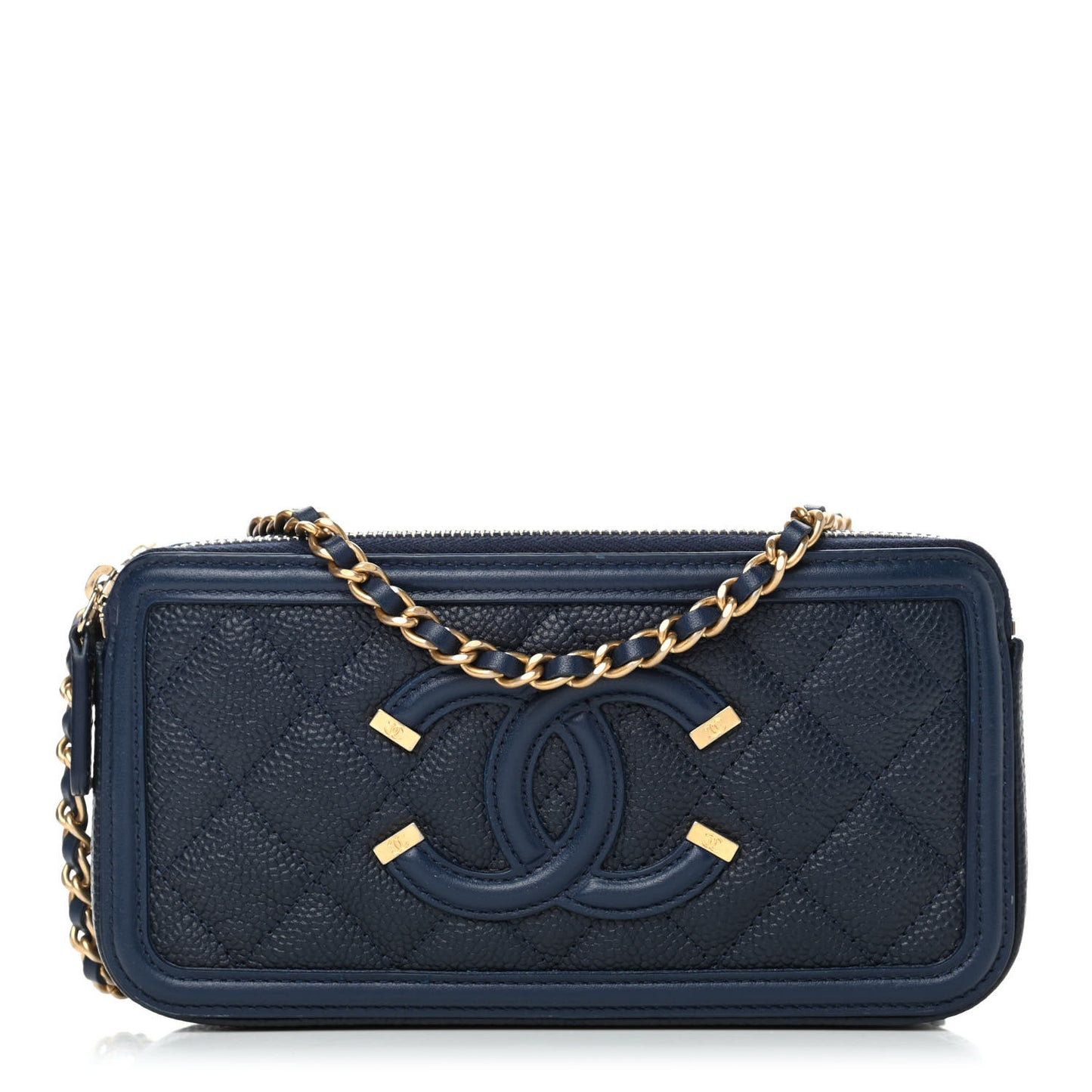 Caviar Quilted CC Filigree Clutch With Chain Navy