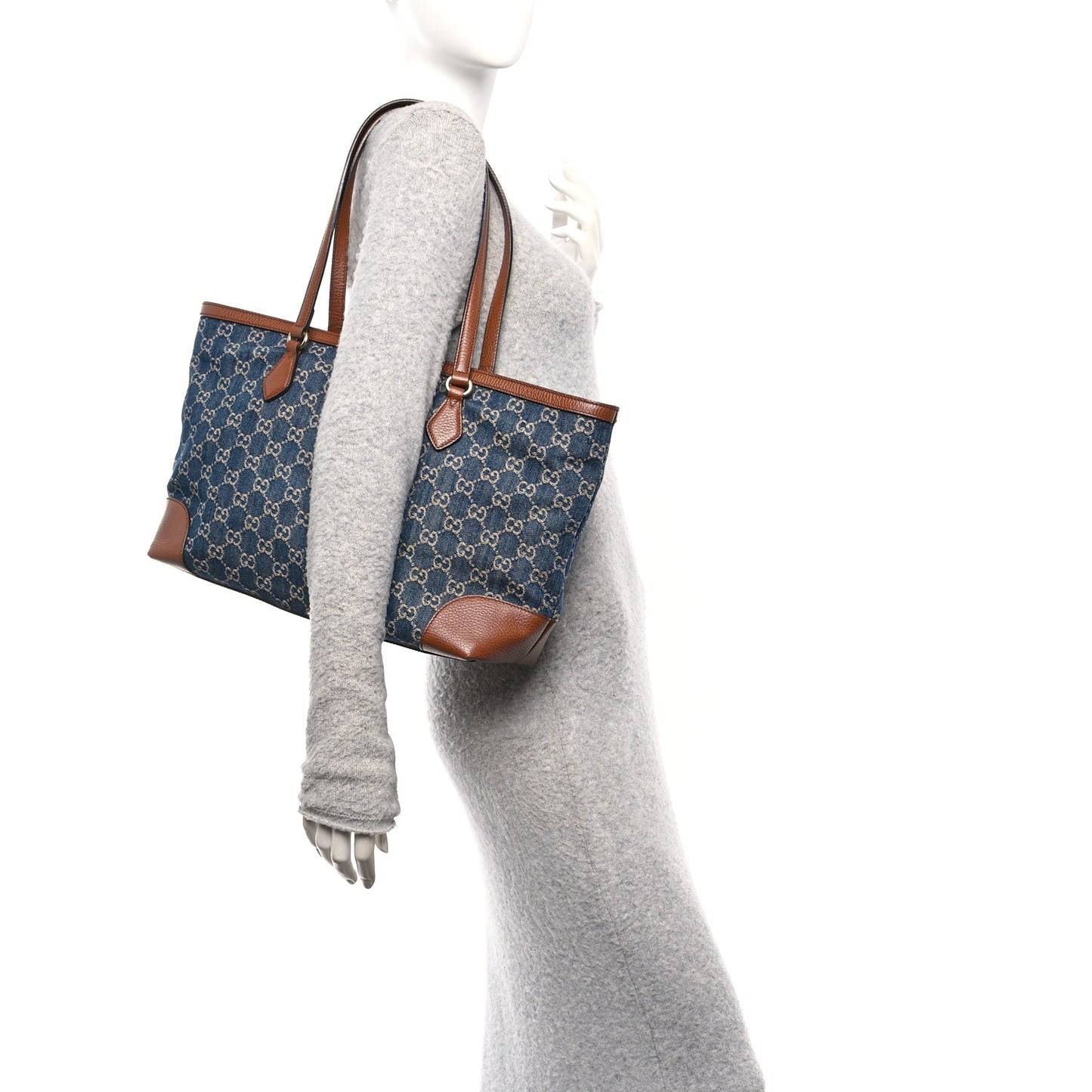 New Denim GG Monogram Medium Ophidia Shopping Tote Blue Tea Cuir