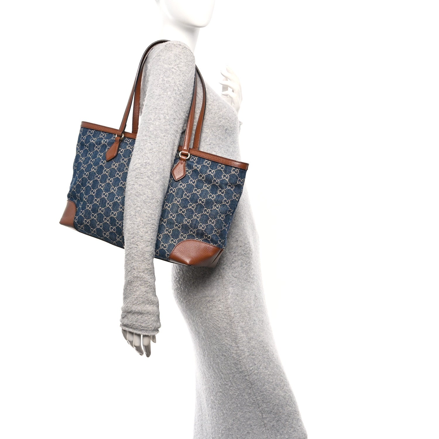 Gucci New Denim GG Monogram Medium Ophidia Shopping Tote Blue Tea Cuir 2 of 10