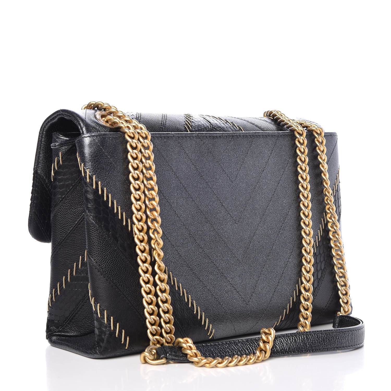 Chanel Calfskin Python Patchwork Chevron Medium Flap Black Silver 3 of 8
