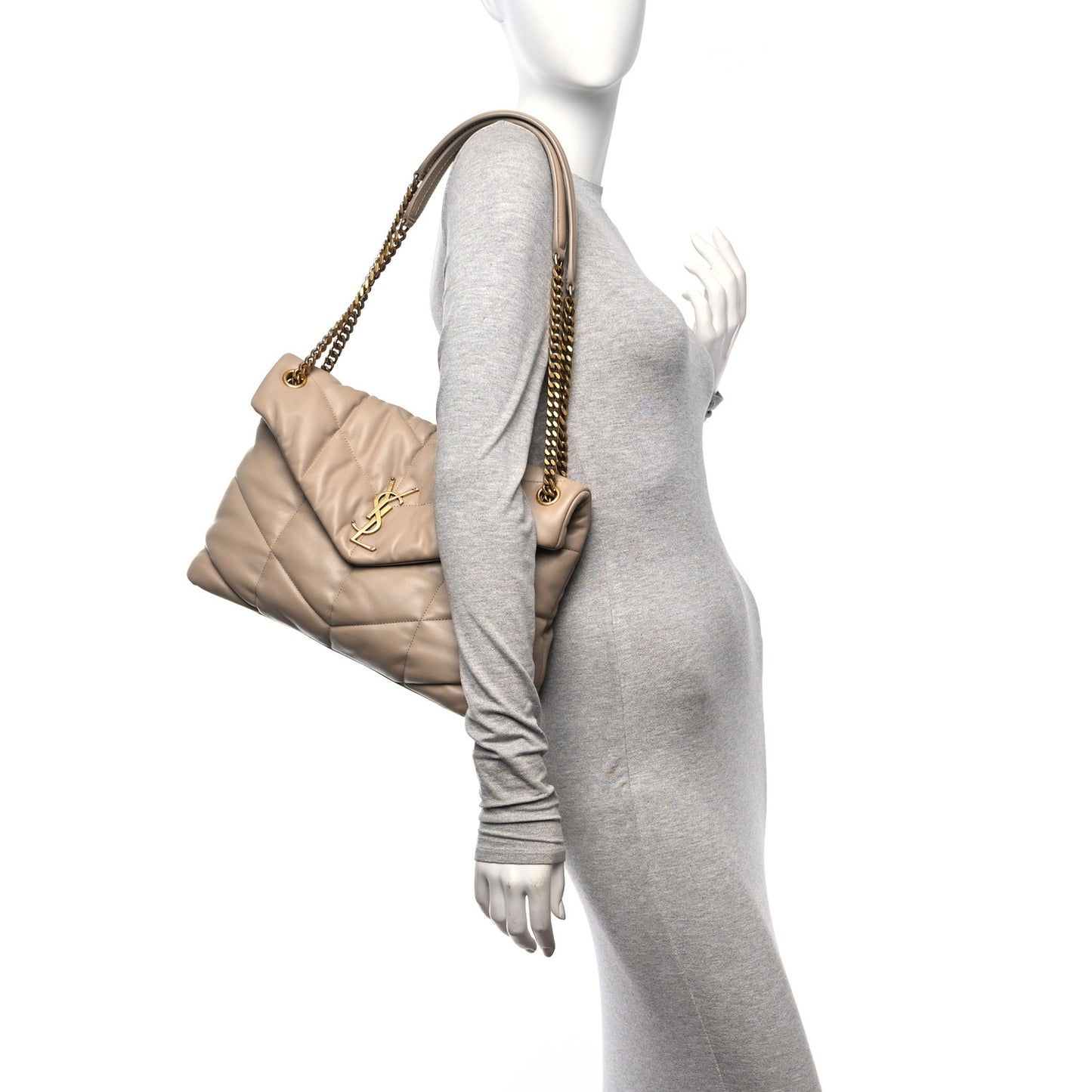 Lambskin Quilted Small Loulou Puffer Monogram Chain Satchel Dark Beige