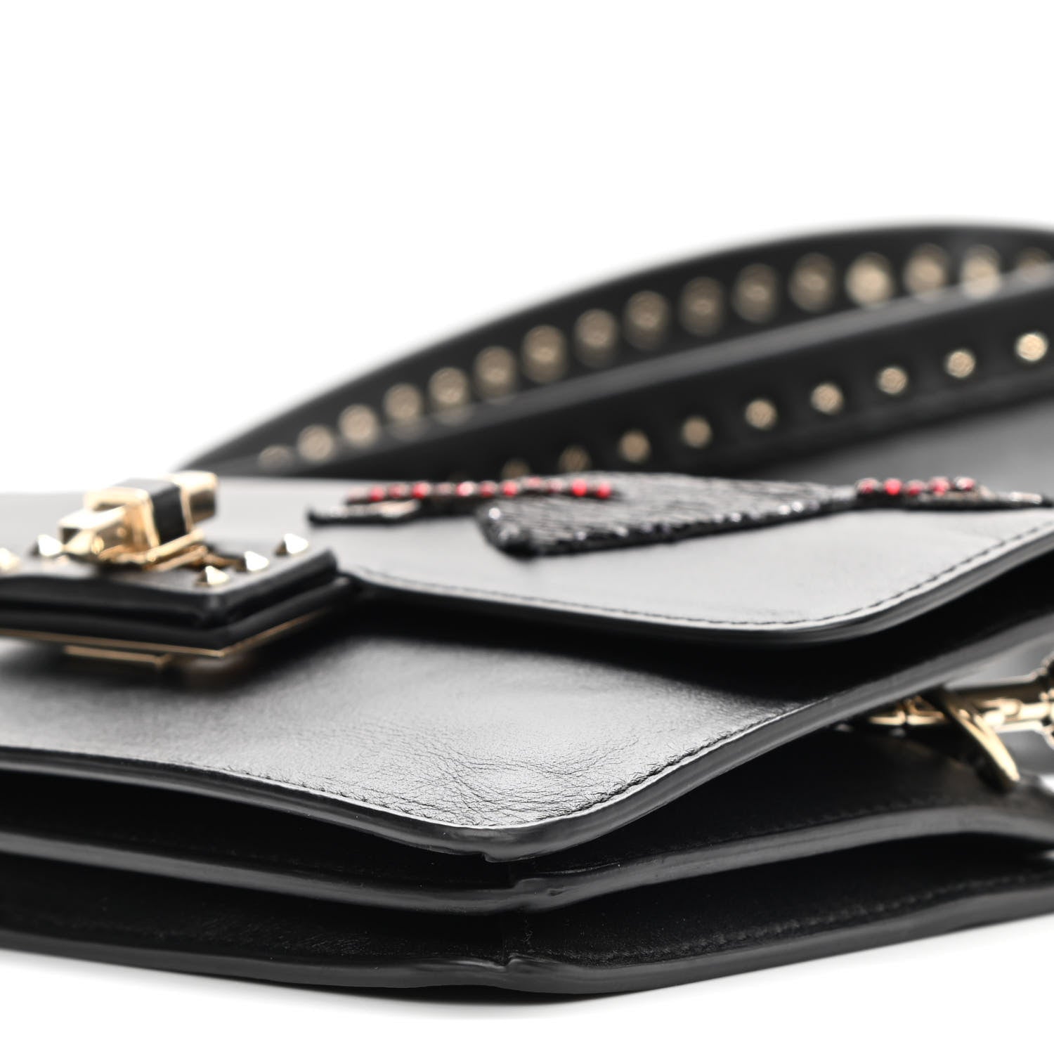 Valentino Garavani Calfskin Crystal Bead Embellished Mini Rockstud Love Story Ruffle Strap Bag Black 11 of 11