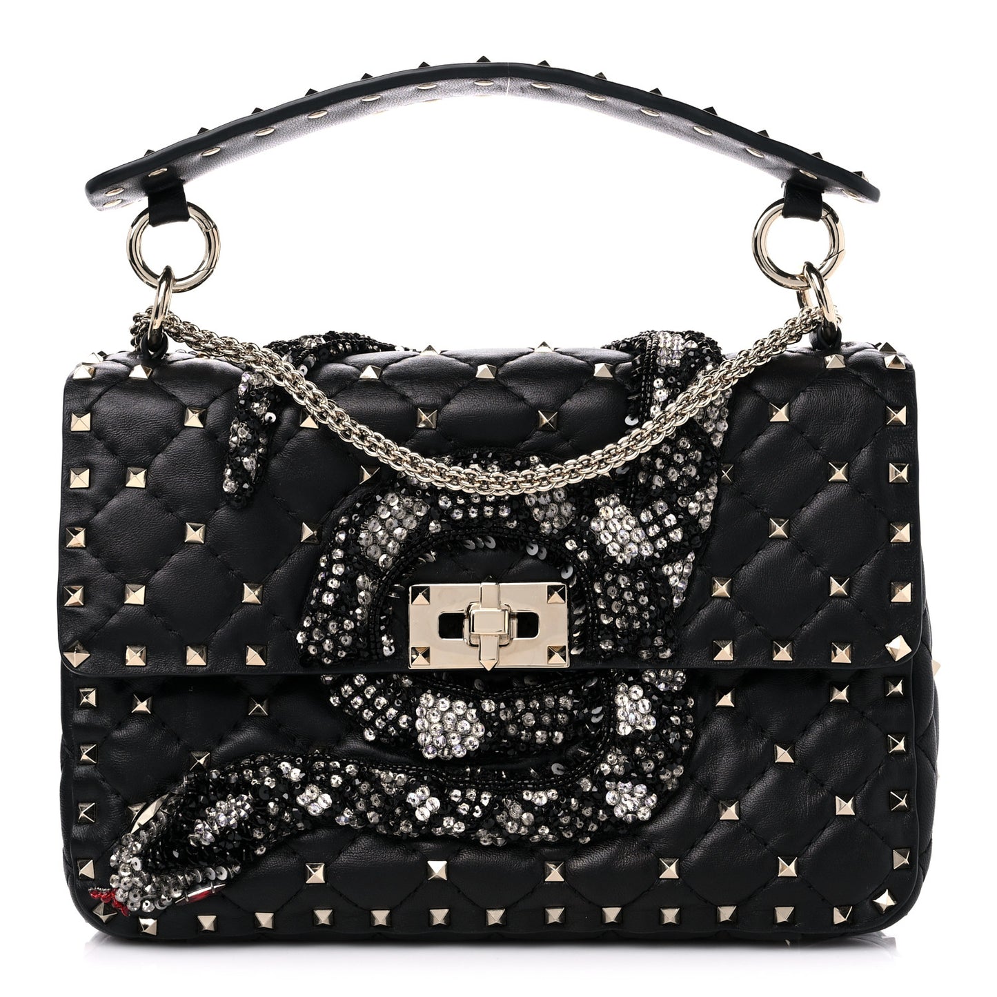 Lambskin Sequin Snake Medium Rockstud Spike Shoulder Bag Black