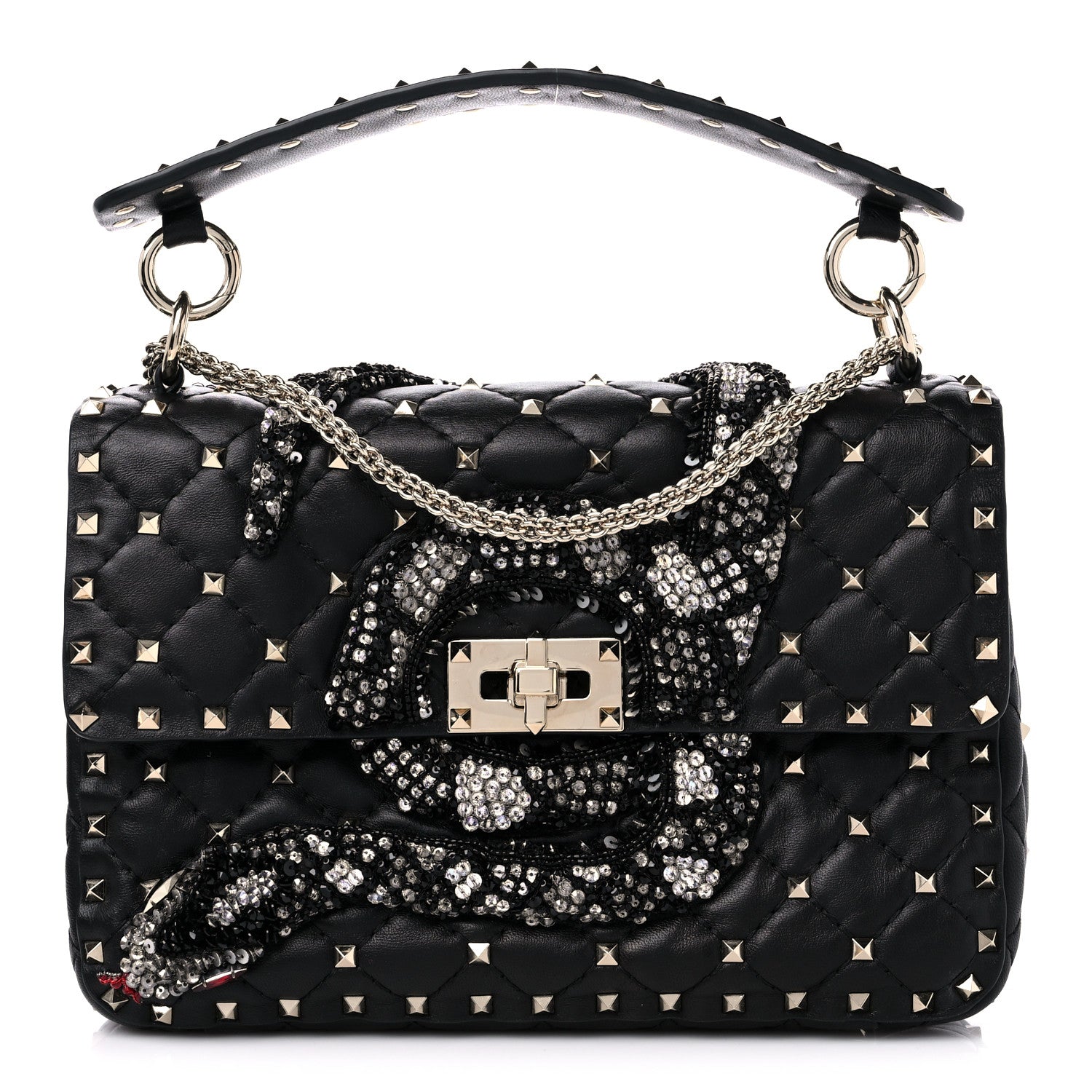 Valentino Garavani Lambskin Sequin Snake Medium Rockstud Spike Shoulder Bag Black 1 of 9