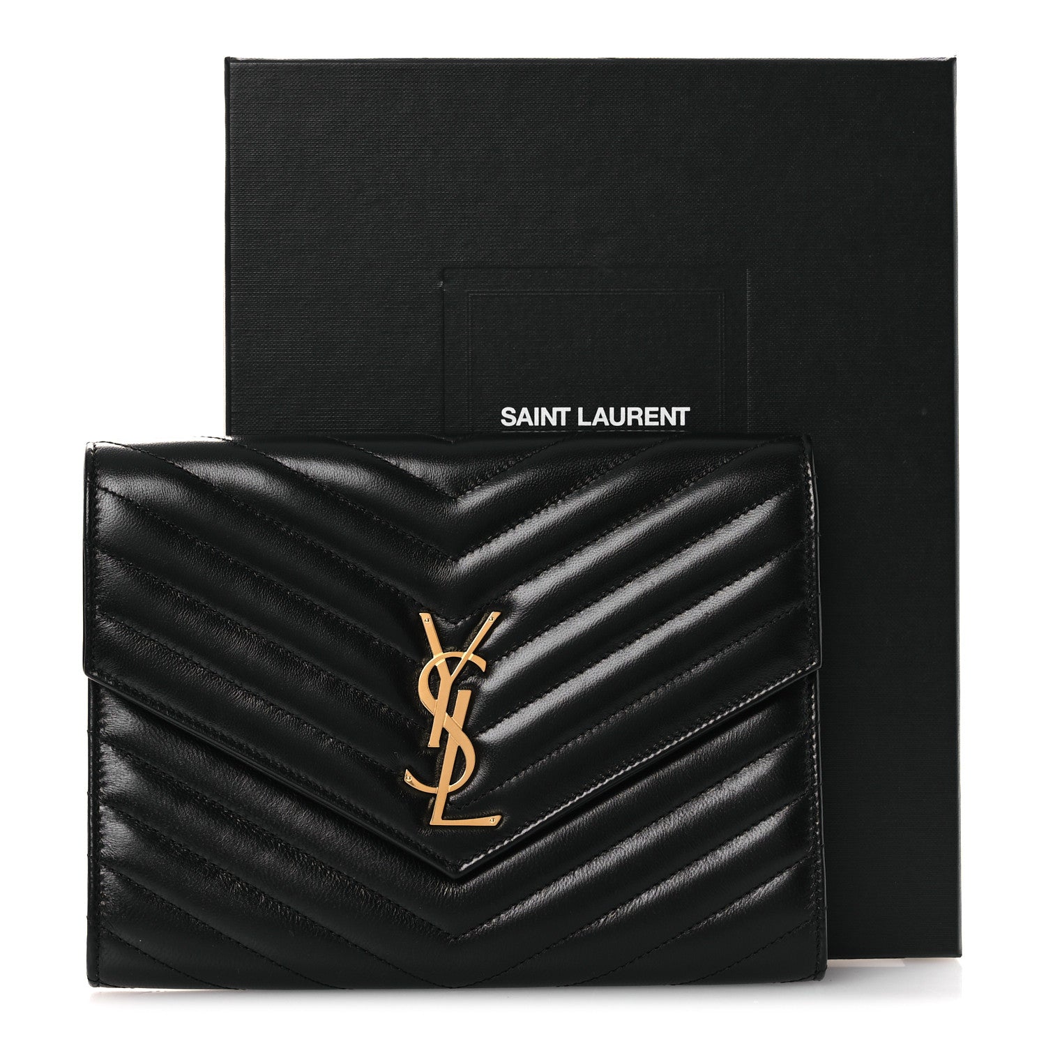 Saint Laurent Lambskin Matelasse Chevron Monogram Cassandre Flap Pouch Black 9 of 9