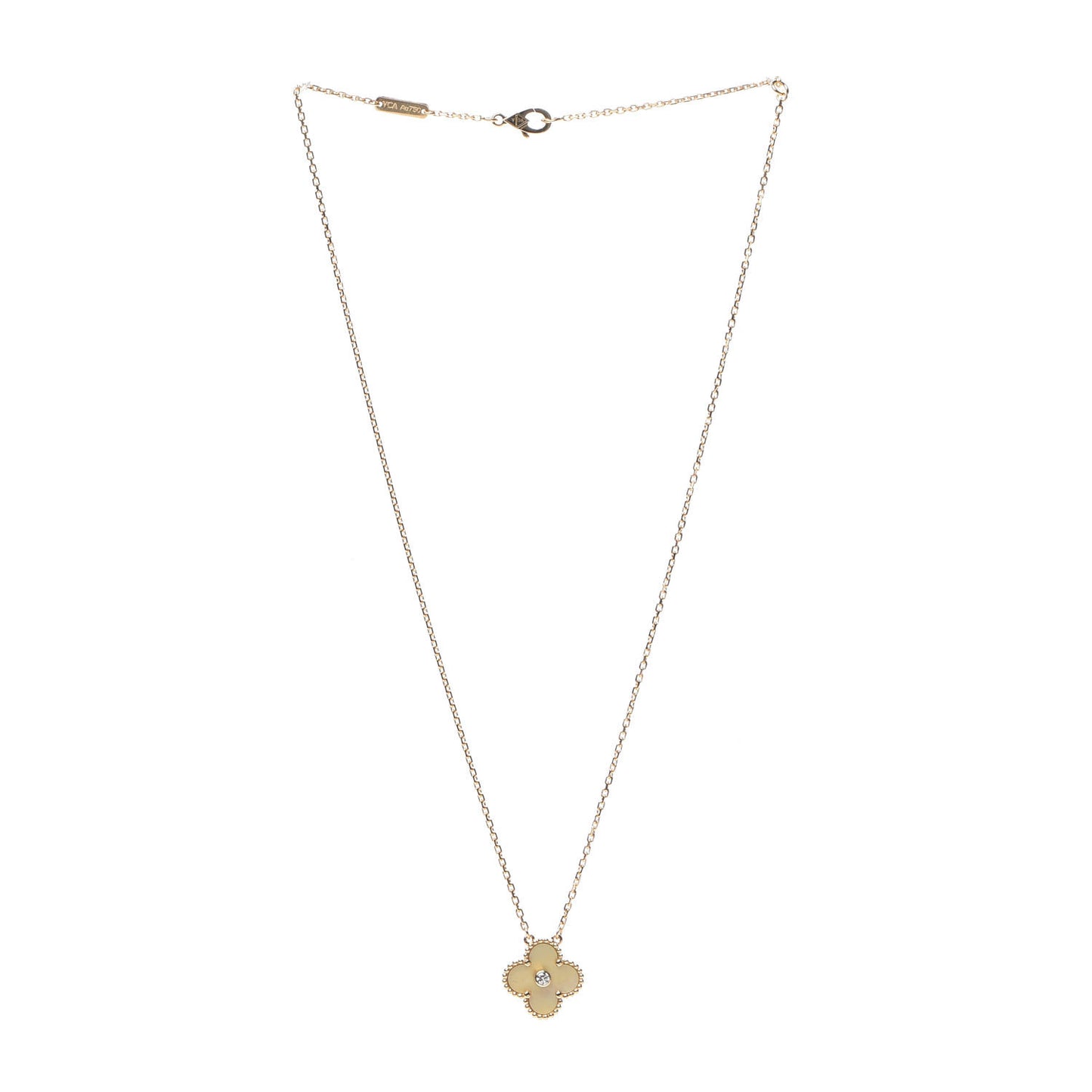 18K Yellow Gold Diamond Yellow Mother of Pearl Vintage Alhambra Pendant Necklace