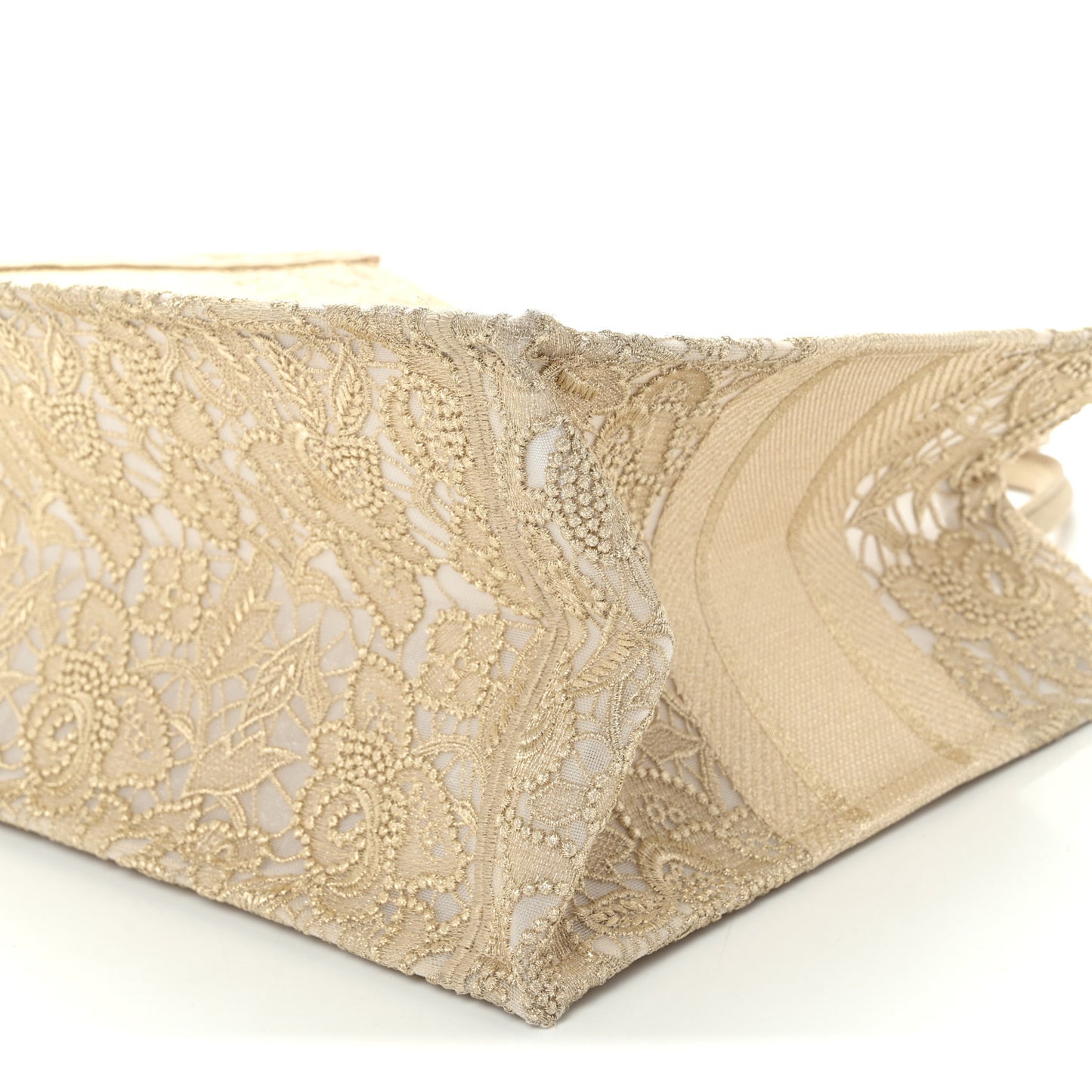 Transparent Metallic Embroidered Mesh Macrame Medium Book Tote Gold
